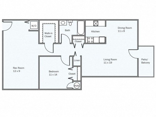 Floor plan for 1 bed, 1 bath, 970 sqft
